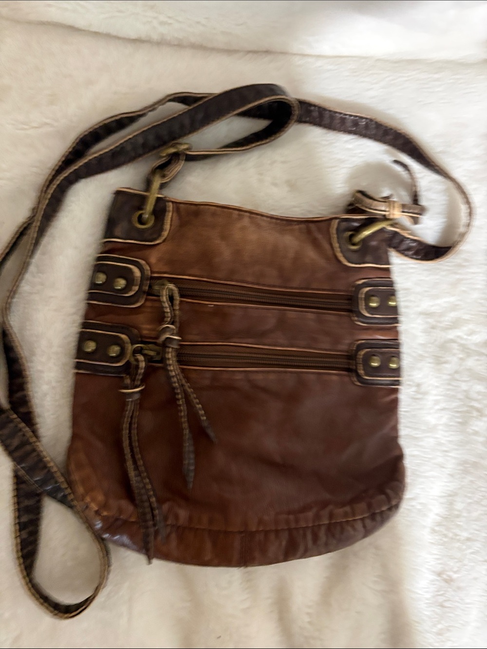 Women’s Brown Leather Crossbody Bag with Dual Zip Front Pockets